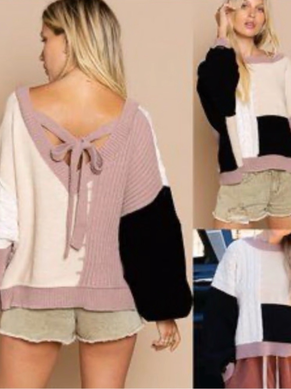 Colorblock Tie-Back Sweater Women Large Brown
Pink 3/4 Balloon Sleeve  Brand New